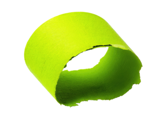 Bright lime green, tubular, hollow shape with ragged edges.  A circular ring with a hole
