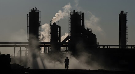 Silhouetted Industrial Complex at Dusk: A Study in Smoke and Steel