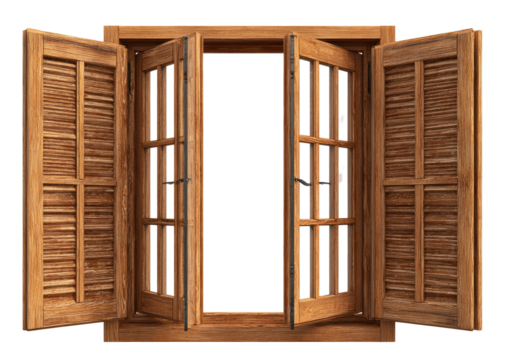 A light brown wooden window with shutters, open wide