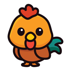 Cute Cartoon Rooster Mascot with Big Eyes and Colorful Tail
