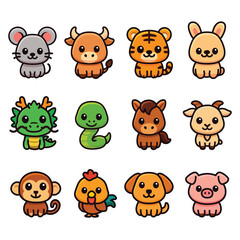 Set of Cute Cartoon Zodiac Animal Mascots in Kawaii Style