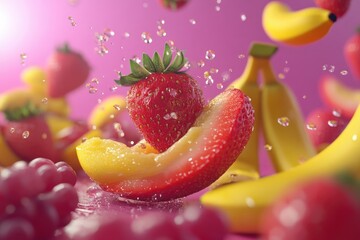 Vibrant 3D render of strawberries, bananas, and peach slices suspended mid-air against a pink background, with water droplets adding to the dynamic, juicy effect