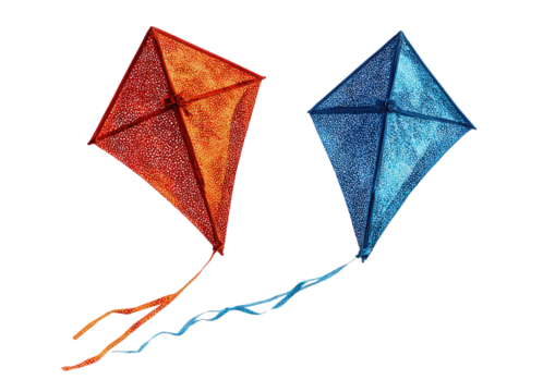 Two colorful kites, red and blue, illustrated in a whimsical style, with flowing tails, against a black background