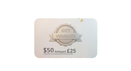 A white gift voucher with a seal, displaying $50 and £25 amounts, against a white background.