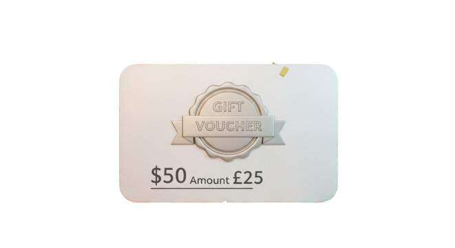 A white gift voucher with a seal, displaying $50 and £25 amounts, against a white background.