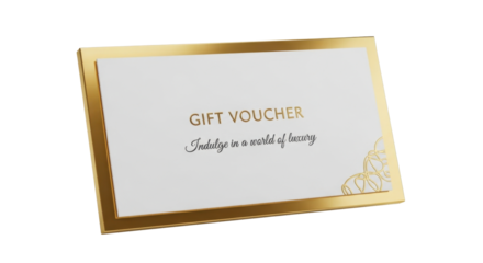 A gift voucher with a gold frame on a white background, featuring elegant typography and a decorative corner element.