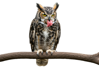 A great horned owl perches on a branch against a stark black background, holding a piece of prey in its talons.