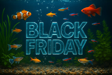 Underwater scene with colorful fish swimming around a transparent "Black Friday" sign, perfect for creative promotional and marketing materials for sales and discounts.