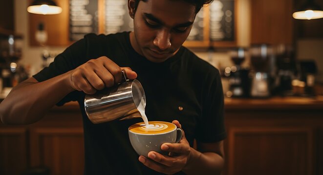 Man pouring milk into a cup of coffee to create latte art in a cafe setting - Powered by Adobe