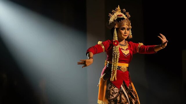 Captivating Traditional Dancer Performing Intricate Movements in Elaborate Costume Under Dramatic Spotlight.