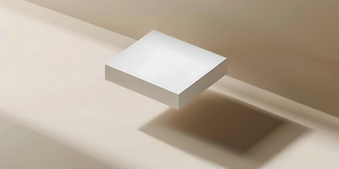 Minimalist white cube floating above a beige surface with soft shadows