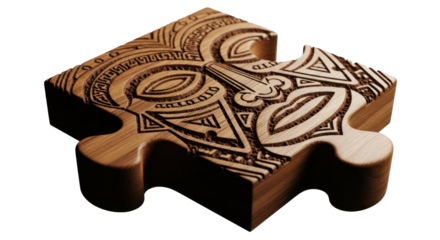 A wooden jigsaw puzzle piece with an intricate tribal-style face design carved into its surface.