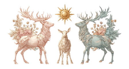 Naklejka premium Elegant Illustration of Deer with Floral Elements and Sun in Background