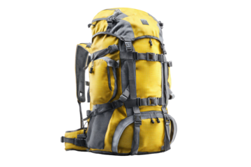 Yellow and gray hiking backpack,  3/4 view, showing  multiple straps and compartments