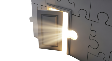 Puzzle pieces forming a wall with an open door emitting bright light, symbolizing opportunity and solution.