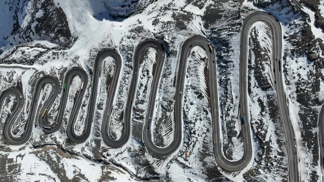 Los Caracoles highway road near Santiago Chile in aerial view. Snow highway road.