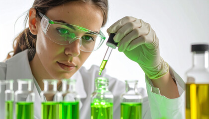 Scientist analyzing liquid sample with pipette, conducting research in a modern lab setting