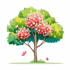 Obraz premium Isolated Vector Watercolor Illustration of a Blooming Flowering Tree in Profile, Ideal for Landscape and Architectural Designs, Botanical Elements for Gardens and Environments.