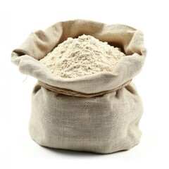 Isolated bags of white rice and wheat sacks are piled with loose grain and flour