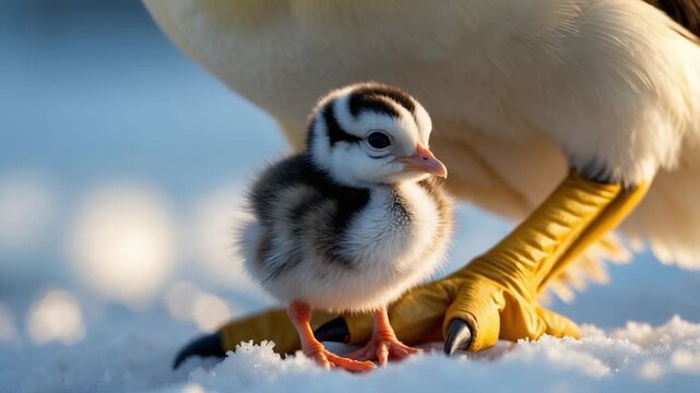 Adorable Penguin Chick Stands Near Parents Foot in Snow.