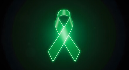 Vibrant Green Neon Awareness Ribbon Symbolizing Hope, Support, and Various Health & Social Causes on a Dark Background