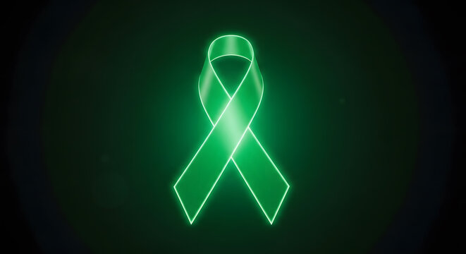 Vibrant Green Neon Awareness Ribbon Symbolizing Hope, Support, and Various Health & Social Causes on a Dark Background