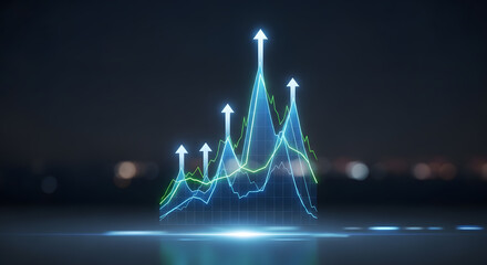 Futuristic Digital Line Graph with Upward Arrows on Dark Background, Illustrating Business Growth, Financial Success, and Technological Progress