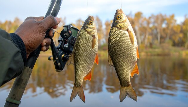 Fisherman holding rod with caught fish