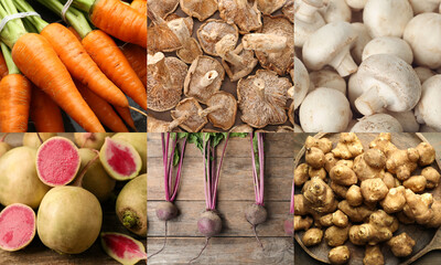 Collection of food products with earthy taste, collage