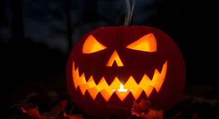 Fototapeta premium Spooky Halloween Jack-o'-Lantern with Fiery Glow and Evil Grin Illuminating a Dark Autumn Night