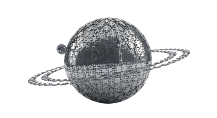 A metallic sphere, resembling a planet, with intricate, chain-like rings orbiting it, isolated on a white background.