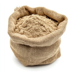 A bag of wheat and a sack of rice are isolated on a white background, showing natural dry cereal grains