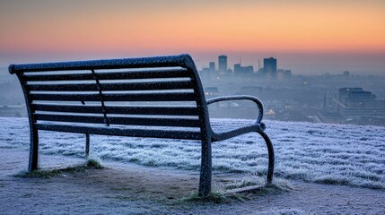 Snowy Park Bench at Sunrise City View