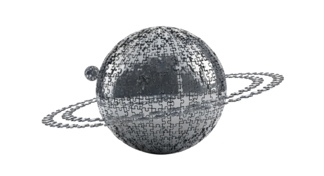 A metallic sphere, resembling a planet, with intricate, chain-like rings orbiting it, isolated on a white background.