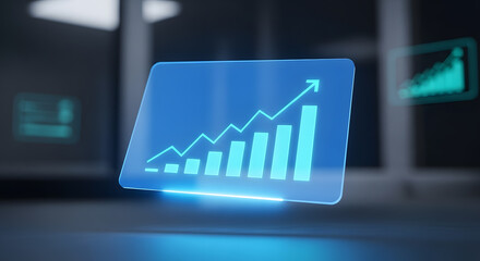 Digital Blue Bar Chart with Upward Trend on a Transparent Holographic Display, Visualizing Business Growth, Data Analytics, and Future Success in a...