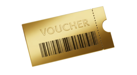 Gold voucher ticket with barcode, isolated on white background.