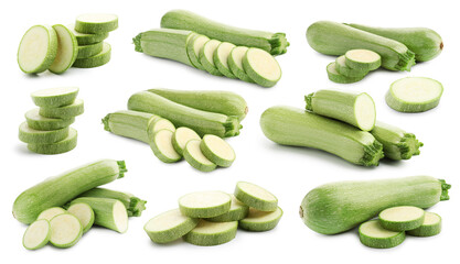 Fresh ripe zucchinis isolated on white, collage. Whole and cut