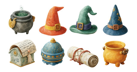 Magical Themed Objects with Colorful Hats and Spell-Casting Essentials