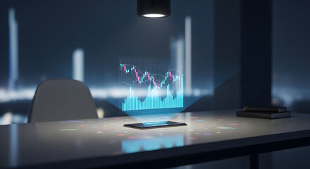 Futuristic Holographic Financial Data Graph Projection on a Desk in a Modern Office at Night, Showing Stock Market Trends and Analysis