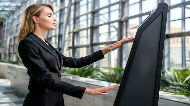 Businesswoman interacting with a touchscreen kiosk in a modern office setting