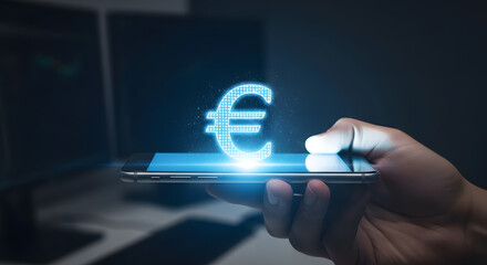 Hand Holding Smartphone with Glowing Blue Euro Symbol - Digital Finance, Mobile Banking, and Online Currency Concept in a Futuristic Tech Environment