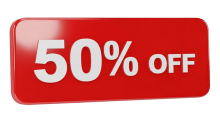Red rectangular promotional sign displaying a 50% discount offer.