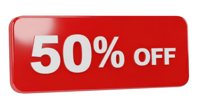 Red rectangular promotional sign displaying a 50% discount offer.