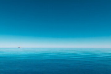 Obraz premium Vast Tranquil Ocean Surface with Clear Blue Sky and Isolated Ship on Horizon