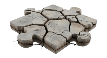 Cracked stone jigsaw puzzle pieces symbolize fragmentation and environmental damage.