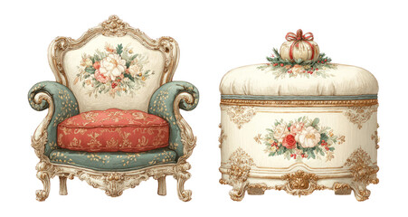 Vintage Floral Armchair and Elegant Storage Box with Decorative Design