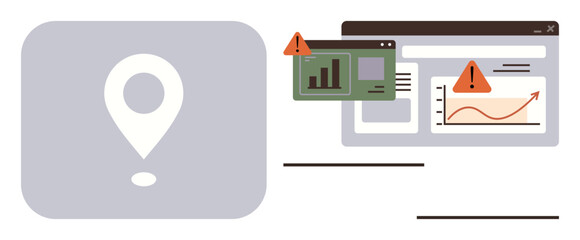 Location pin alongside charts and data dashboards marked with error alerts and warnings. Ideal for analytics, troubleshooting, monitoring, notifications, location tracking, software issues, simple