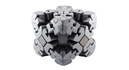 Intricate metallic puzzle cube, complex geometric design, interlocking pieces.