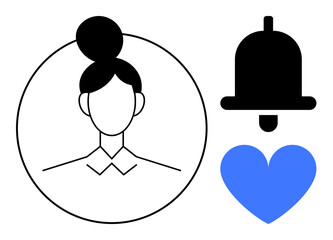 Female user silhouette inside a circle, black notification bell, and blue heart. Ideal for social media, user interaction, account management, notifications, preferences, engagement simple landing