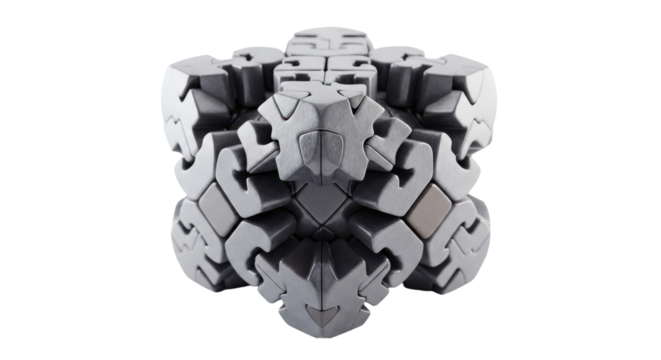 Intricate metallic puzzle cube, complex geometric design, interlocking pieces.